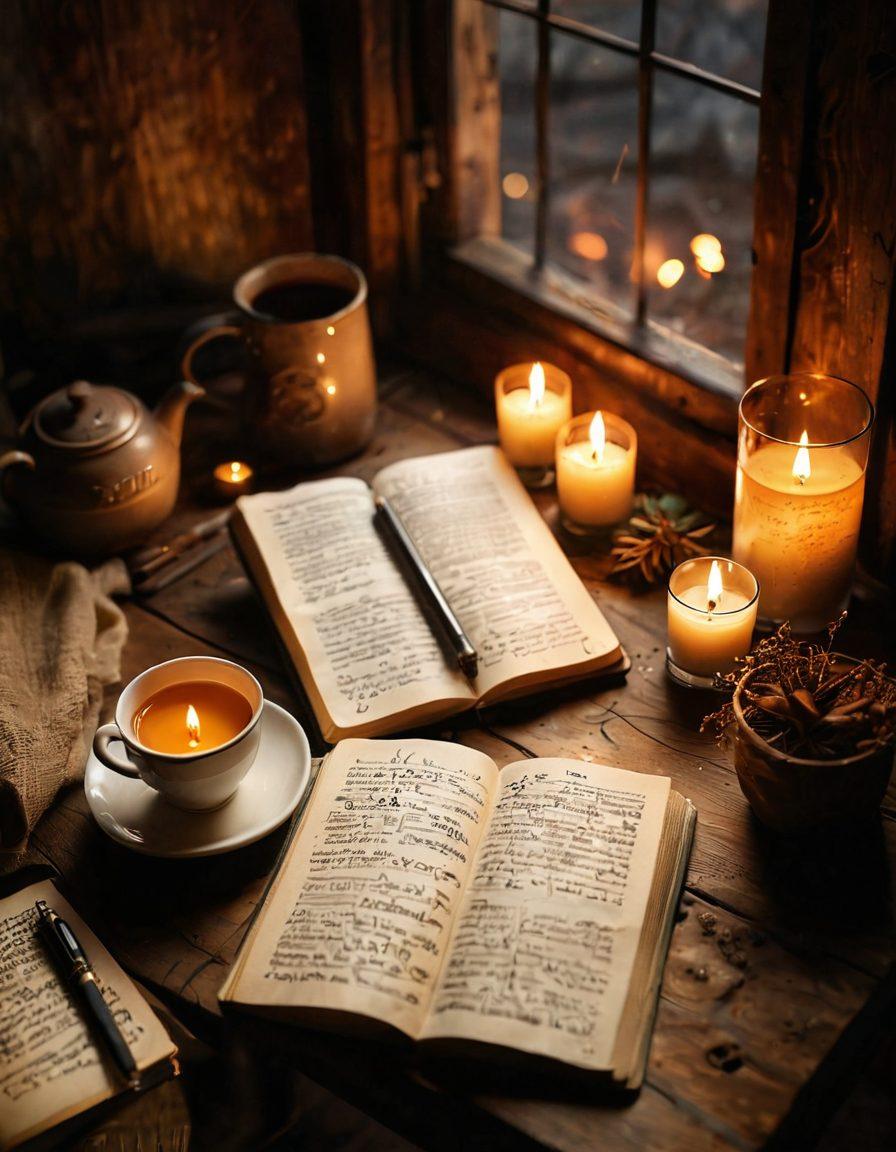 A cozy scene featuring an open digital diary on a rustic wooden table, surrounded by soft candlelight. Illustrate a warm cup of tea and a pen, capturing the essence of intimate storytelling. Include a faint image of a person writing in the background, with glowing, ethereal words floating around, symbolizing memories and emotions. Use atmospheric lighting and a dreamy color palette. super-realistic. warm tones. soft focus.