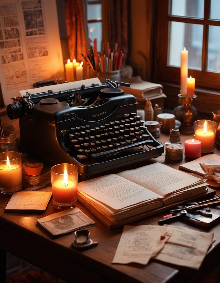 An artist's workspace filled with vibrant sketches and storyboards depicting sensual and intimate scenes, surrounded by candles and soft fabrics. A cozy atmosphere with warm lighting accentuating the passion and creativity involved in crafting erotic content. Include a vintage typewriter and colorful art supplies scattered around, illustrating the journey from concept to creation. super-realistic. warm tones. cozy ambiance.