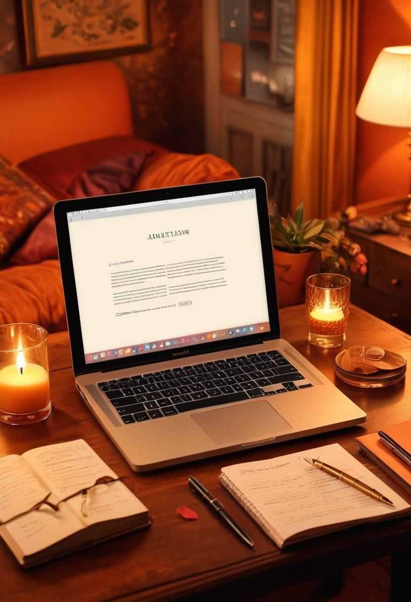 A beautifully arranged digital diary layout with an elegant, inviting design. Incorporate soft lighting and rich, warm colors to evoke intimacy and curiosity. Include a stylish pen, an open laptop displaying a colorful blog interface, and suggestive imagery subtly blended in the background. This scene should inspire creativity while hinting at a world of erotic storytelling. super-realistic. warm colors. soft focus.